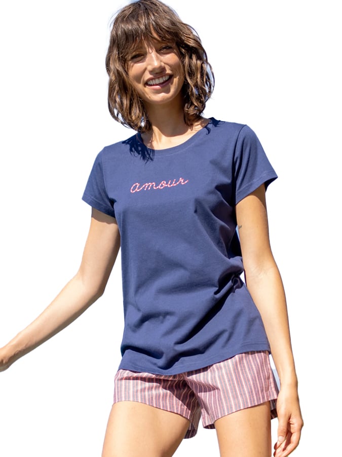 NOIDINOTTE ΓΥΝΑΙΚΕΙΑ ΠΥΤΖΑΜΑ ΜΠΛΕ T-SHIRT - ΡΙΓΕ SHORTS - Image 4