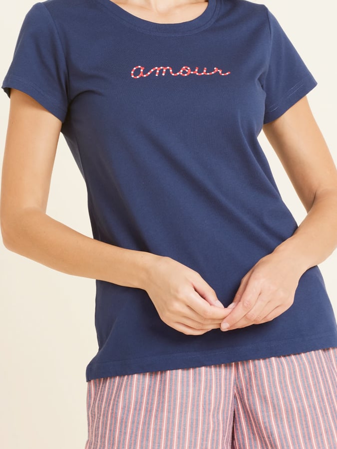 NOIDINOTTE ΓΥΝΑΙΚΕΙΑ ΠΥΤΖΑΜΑ ΜΠΛΕ T-SHIRT - ΡΙΓΕ SHORTS - Image 2