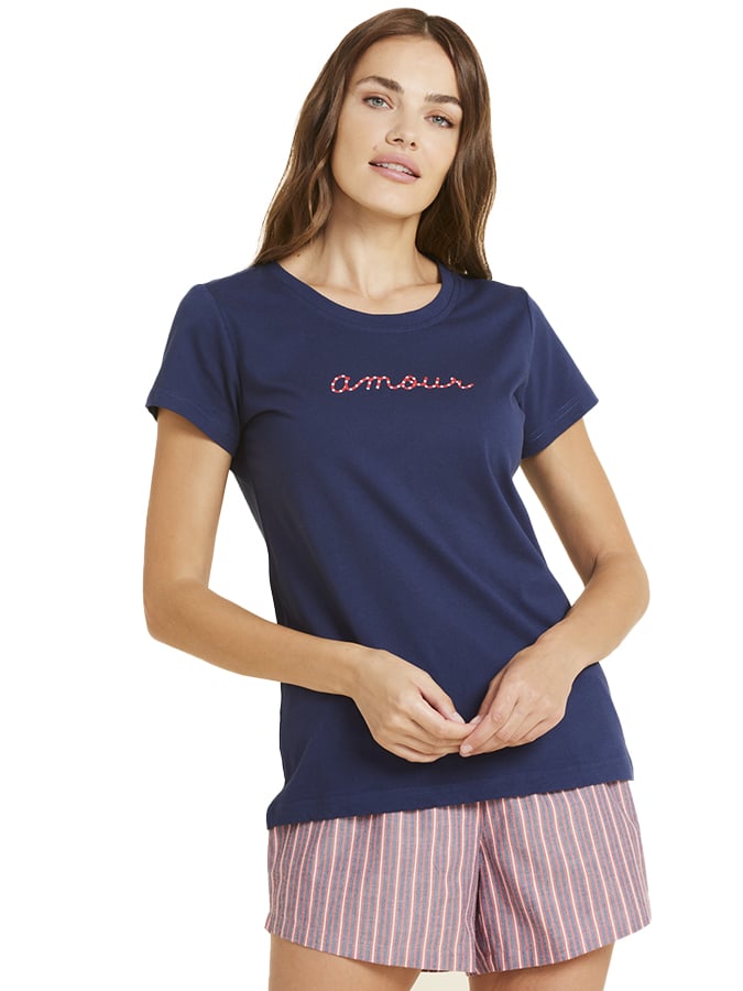 NOIDINOTTE ΓΥΝΑΙΚΕΙΑ ΠΥΤΖΑΜΑ ΜΠΛΕ T-SHIRT - ΡΙΓΕ SHORTS